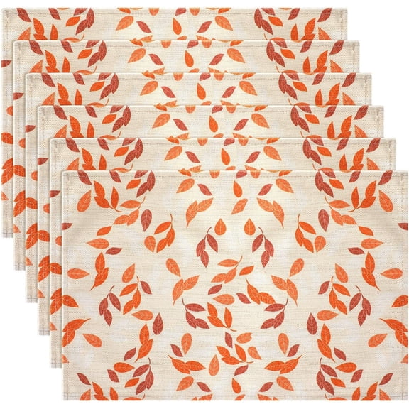 Fall Placemats Set of 6, 12 x 18 Inch Orange Autumn Placemats Burlap Leaves Placemats Thanksgiving Maple Harvest Vintage Table Mat for Party Dining Decoration Holiday