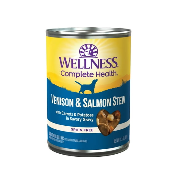 Wellness Thick & Chunky Natural Grain Free Canned Dog Food, Venison & Salmon Stew, 12.5-Ounce Can (Pack of 12)