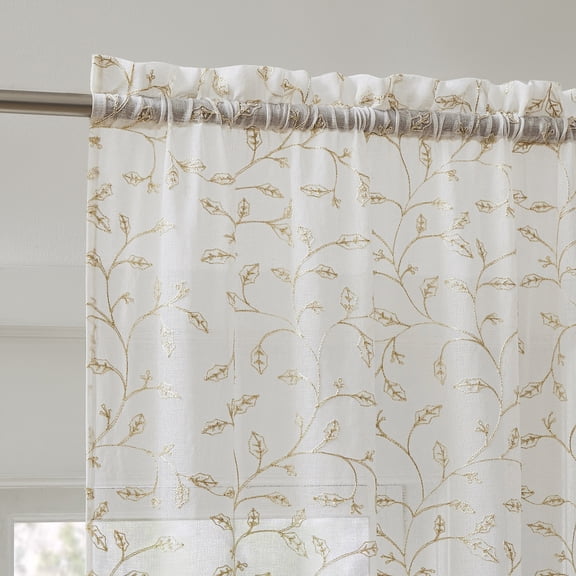 No. 918 Holly 2-pack Metallic Embroidery Christmas Sheer Rod Pocket Curtain Panel Pair, Gold, 37"W x 84"L (2 Panels)