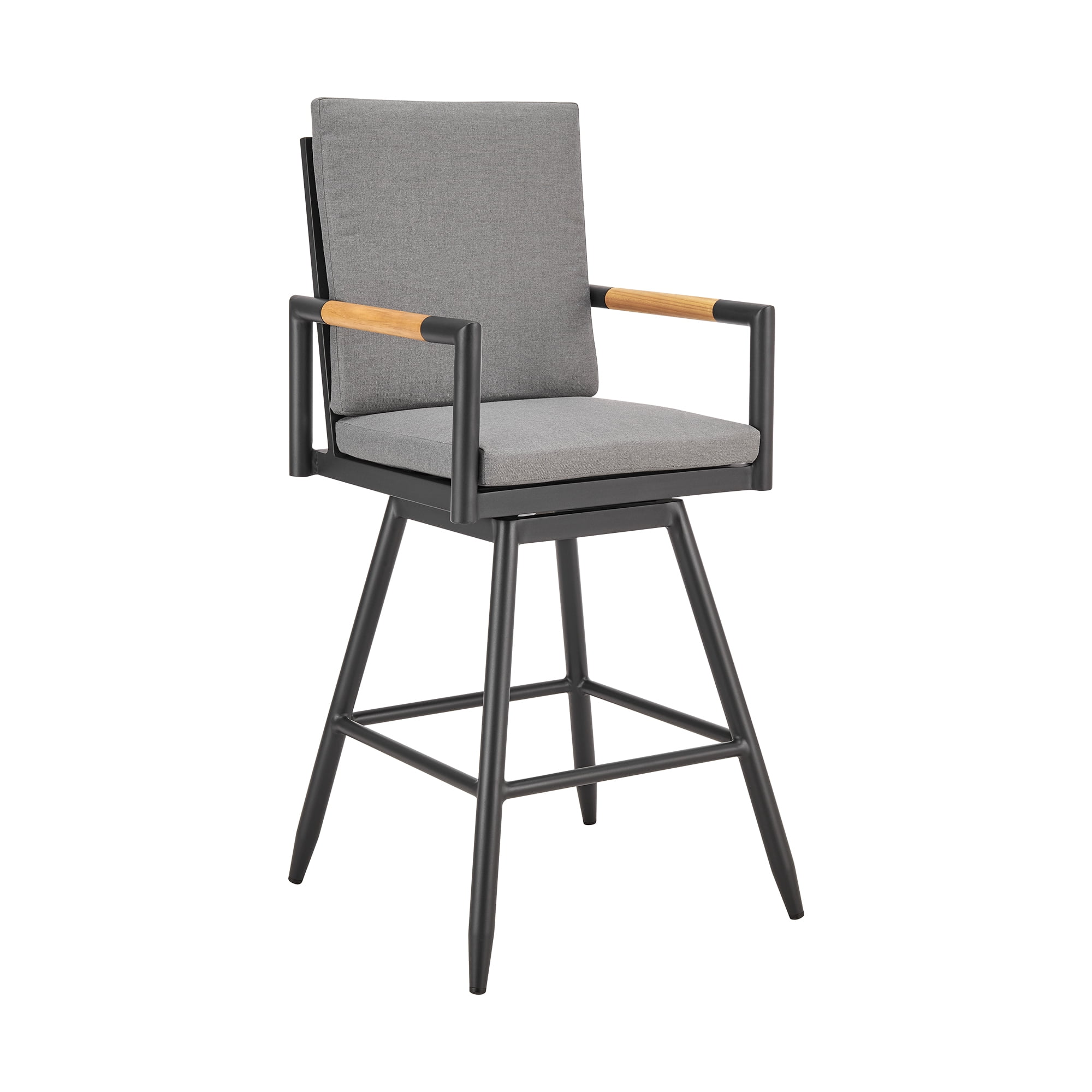 Crown Outdoor Patio Swivel Bar Stool in Black Aluminum with Wood Accent and Dark Gray Cushions - Set of 2
