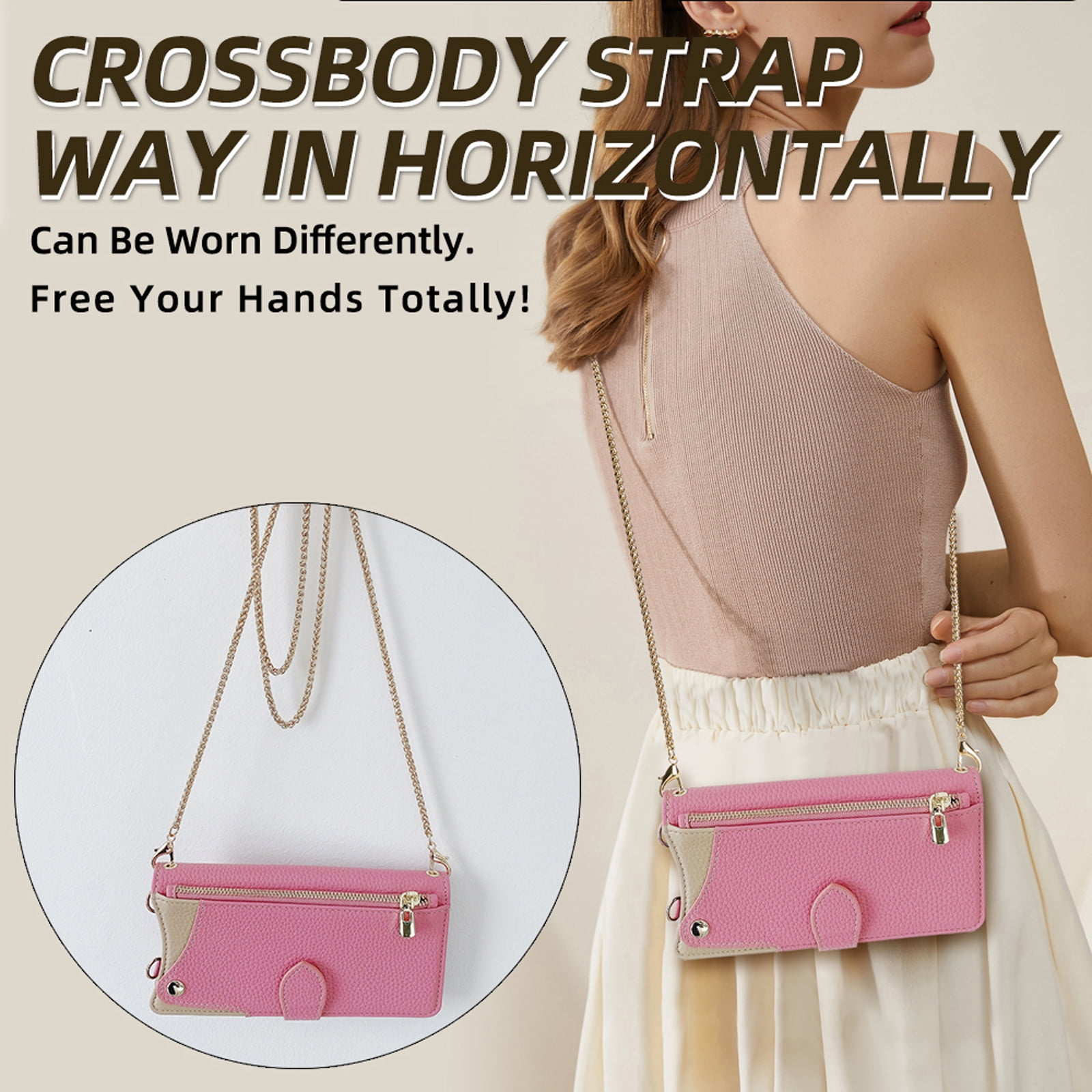 Women Girls Crossbody Strap Flip Wallet Zipper Phone Case Cover for iPhone 17 Pro Max, with Card Holder Kickstand Soft PU Leather Shoulder Chain Make-up Mirror for iPhone 17 Pro Max, Pink