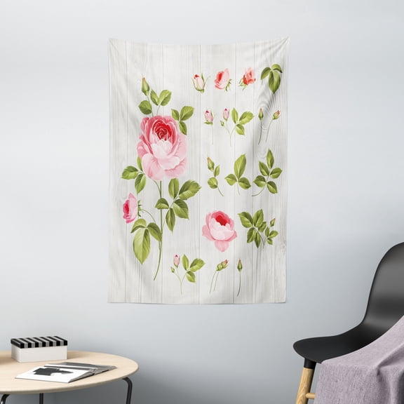 Floral Tapestry, Vintage Rose Petals over Wooden Board Background Wedding Romance Artsy Design, Wall Hanging for Bedroom Living Room Dorm Decor, 40W X 60L Inches, Baby Pink Khaki, by Ambesonne