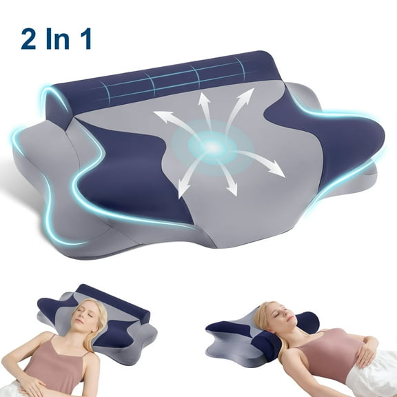 MOONORAH Cooling Bed Pillow for Neck & Shoulder Pain Relief, Cervical Support Comfort Pillow for Side Back Stomach Sleeper, Ergonomic Enhancing Contour Memory Foam Pillows for Sleeping, Dark Blue