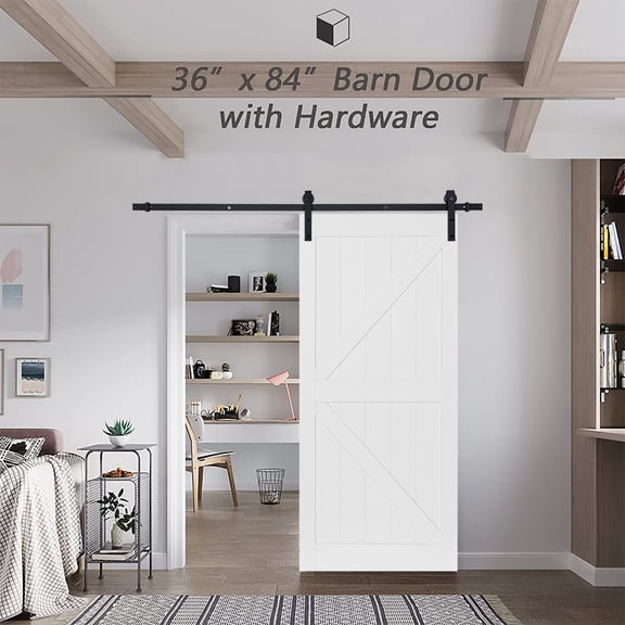 36''x84''Modern K Shape Primed Sliding Barn Door with Installation Hardware Kit (Double Door & Soft Close Optional)