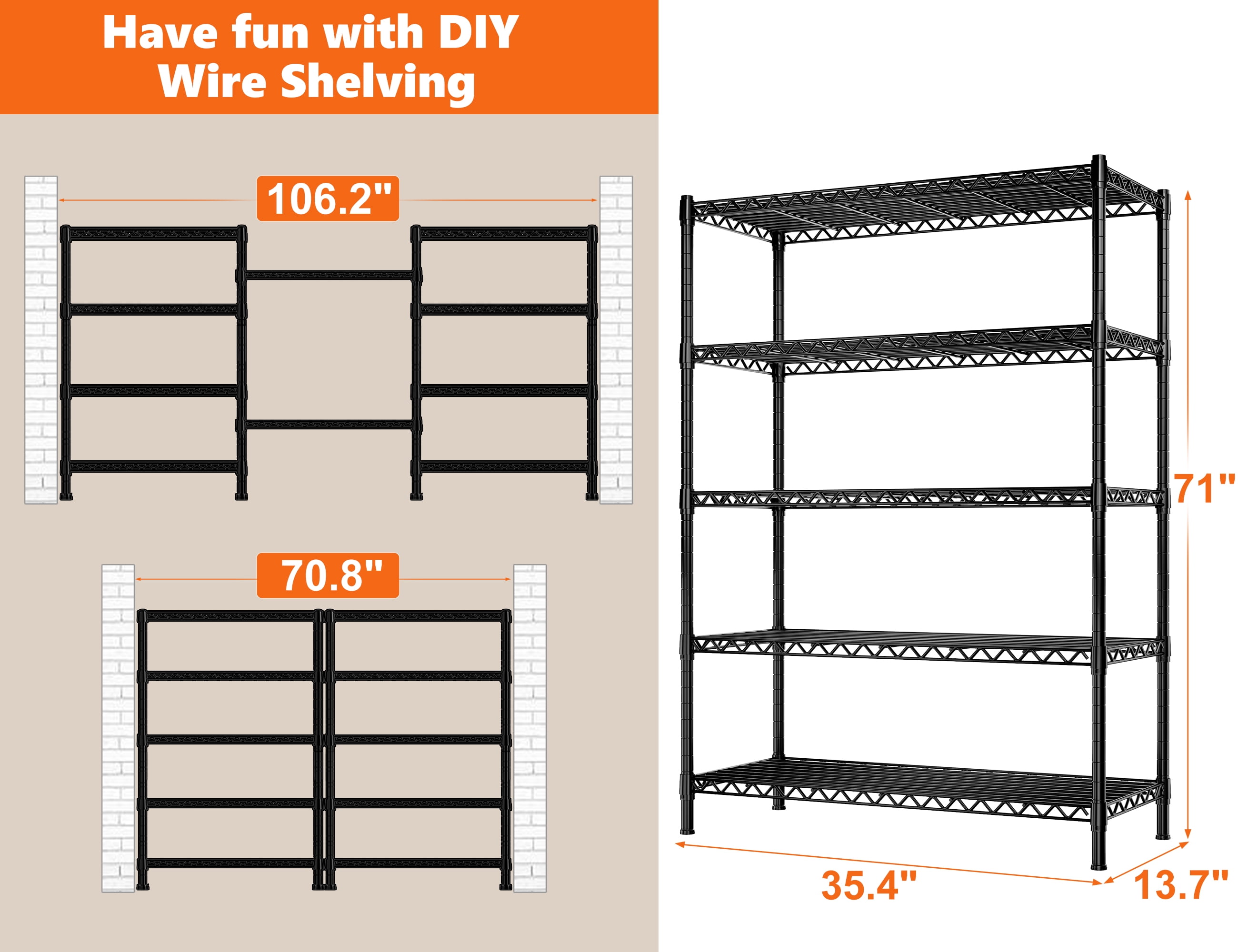 REIBII 71"H Wire Shelving Storage Shelves Metal Shelves for Storage,35.4"Wx13.7"D,Adjustable 5-Tier Garage Shelving Heavy Duty Storage Rack Pantry Shelf Kitchen Shelving,Black