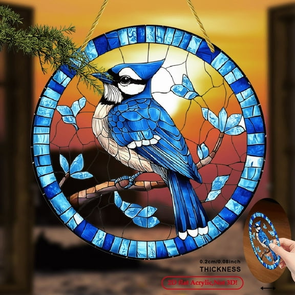 2D Flat, 1pc Bohemian Style Acrylic Sun Catcher - Round Blue Jay Robin Stained Window Hanging Decor, Vibrant Outdoor_Indoor Holiday Decor for Christmas Halloween Earth Day, 8*8inch