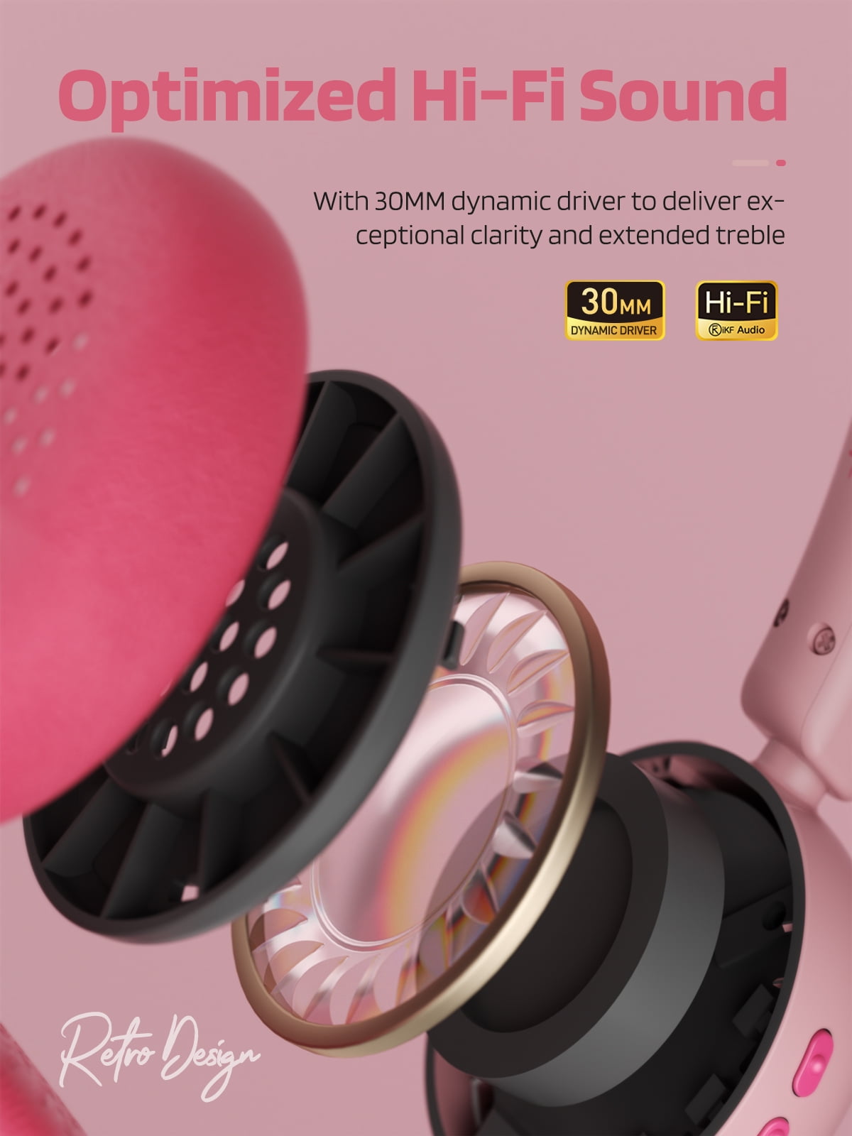 iKF R1 Wireless Retro Wireless Headphones Bluetooth 5.4 APP Custom Sound 60 Hours Playtime Game Mode Noise Isolation Built-in Microphone Throwback 80s 90s Design (Pink)
