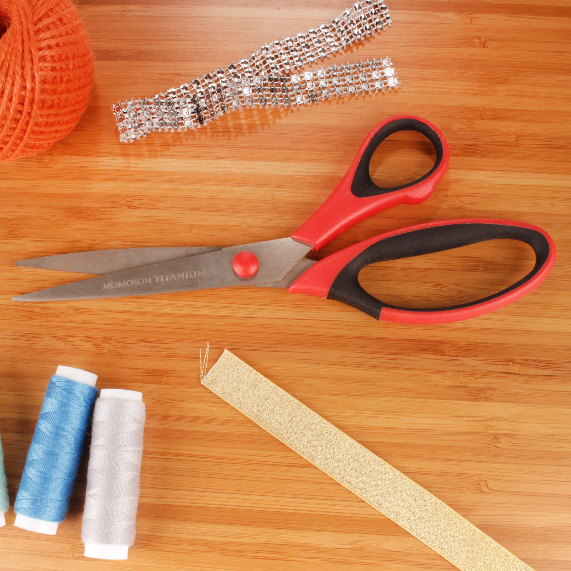 BambooMN Titanium Softgrip Scissors Set for Sewing, Arts, Crafts, Office - 10 Sets of 3 - Red w/ Black Inlays