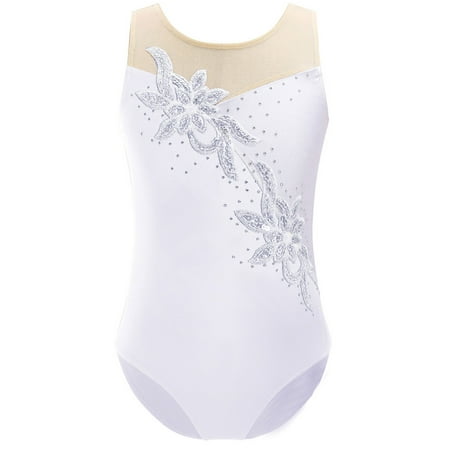 Raenseen Kids Girls Gymnastic Leotard Sleeveless Rhinestone Ballet Dance Unitard Figure Ice Skating Leotard White 8