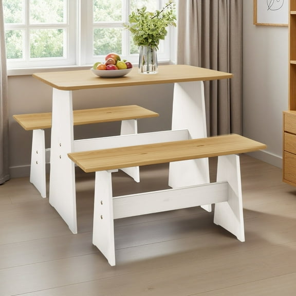 Koby Home 3 Piece Casual Dining 2-Tone Natural/White Solid Pine Wood Kitchen Table Set with 2 Benches, Kitchen Dining Set