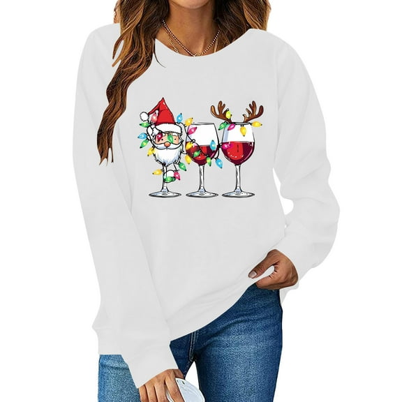 Cadancy Womens Christmas Sweatshirt Funny Wine Glass Print Vintage Crewneck Loose Sweatshirts Long Sleeve Winter Party Tops Xmas Holiday Pullover Outfits 2025