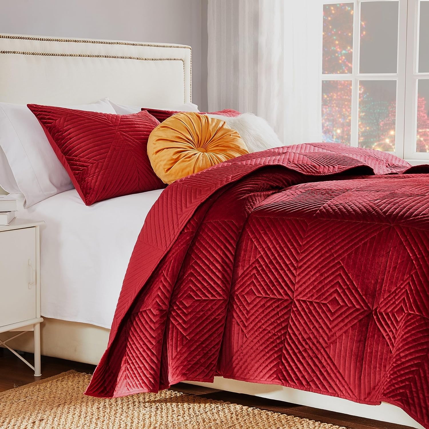 Barefoot Bungalow Riviera Velvet Finely Stitched Modern Quilt Set, Red, 3-Piece King/Cal King