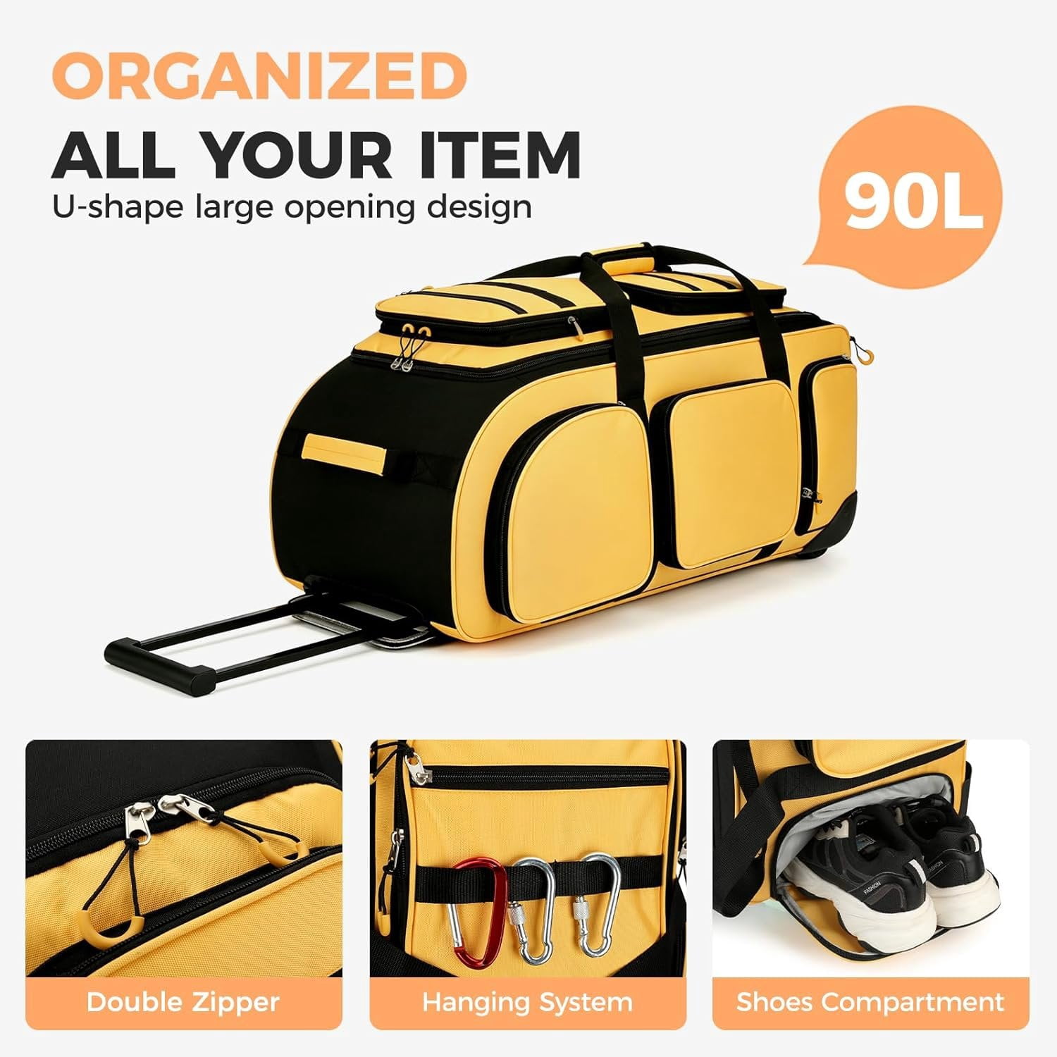 90L Rolling Duffle Bag with Wheels and Handle, 31" Large Duffle Bag for Travel, Carry  Luggage Duffel Bag with Shoe Compartment, Multi-Pocket, Water Resistant, Yellow