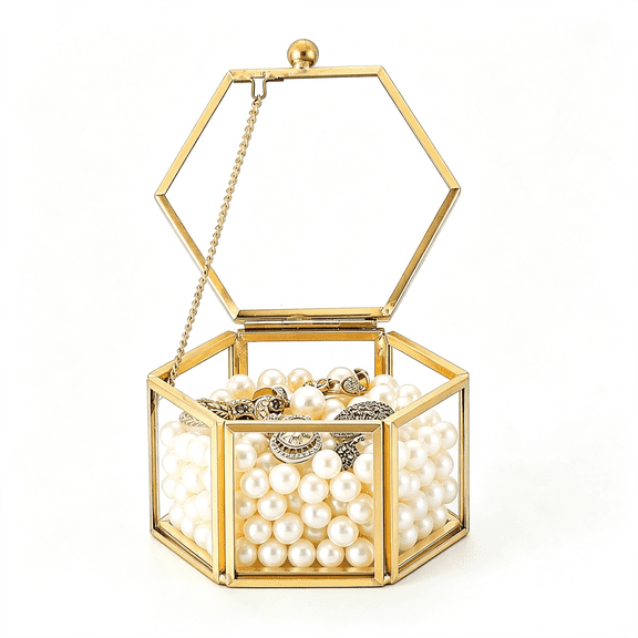DESIGNICE Small Glass Vintage Jewelry Box 3.1 X 2.5 X 1.7" |Golden Hexagonal Lidded Display Organizer for Rings,Earrings,Bracelets,And Trinkets-Home Decorative Keepsake Box Case