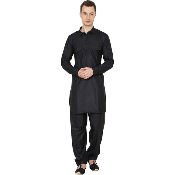 Royal Kurta Men's Cotton Linen Pathani Kurta And Salwar Set (40, Black-1)