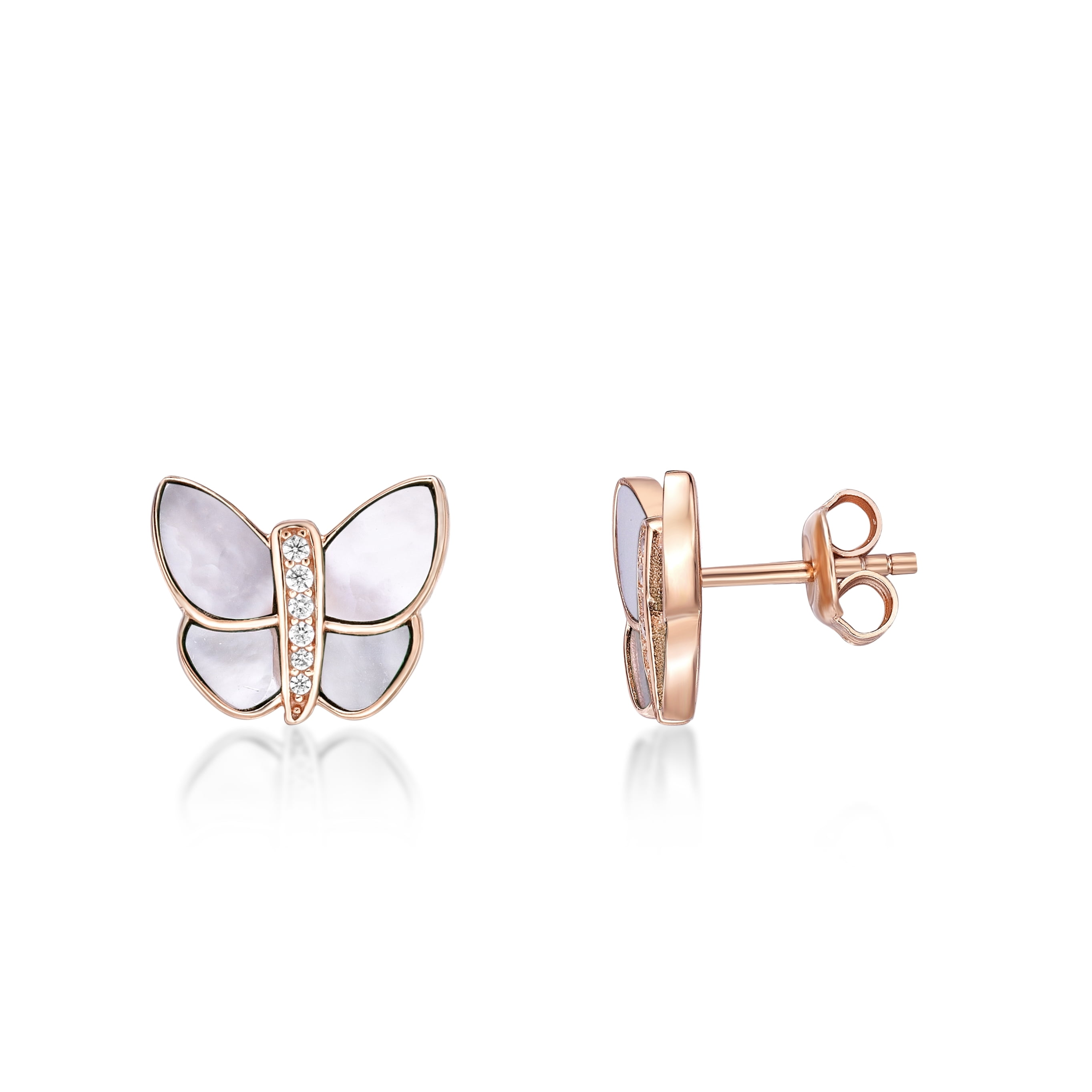 Mother of Pearl and Cubic Zirconia Butterfly Stud Earrings in 925 Sterling Silver with Rose Gold Plating with Friction Back by Lavari Jewelers