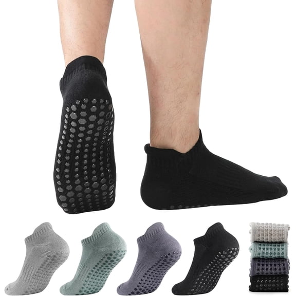 4 Pairs Mens Grip Socks Non Slip Size 6-10, Men Ankle Socks with Grips for Hospital, Pilates, Fitness Grippy Socks