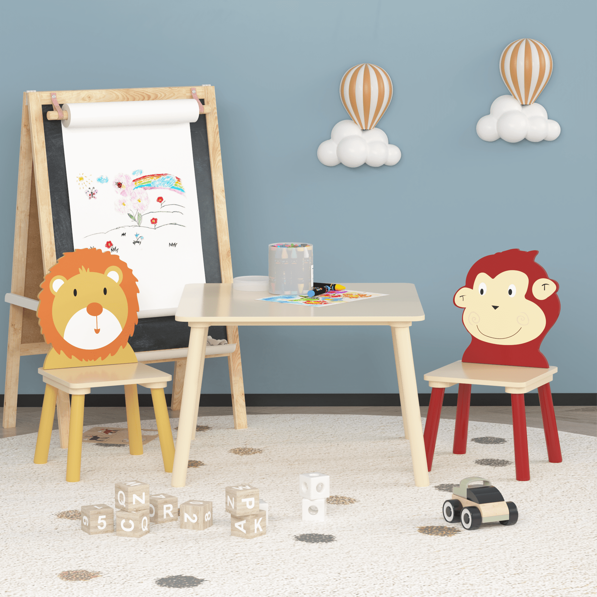 Aukfa Kids Table and Chairs Set, Wooden Play Table with 2 Animal Chairs for Toddlers, Girls, Boys