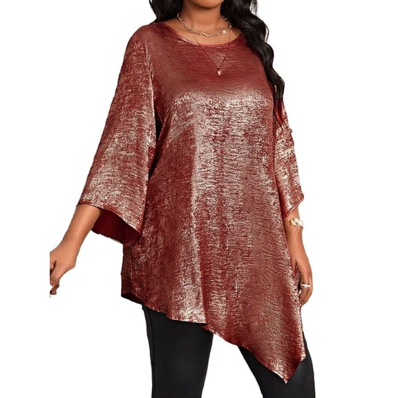 Women'S 2025 Plus Size Loose Round Neck Nine-Point Sleeve Irregular Hem Tops  Red XXXL