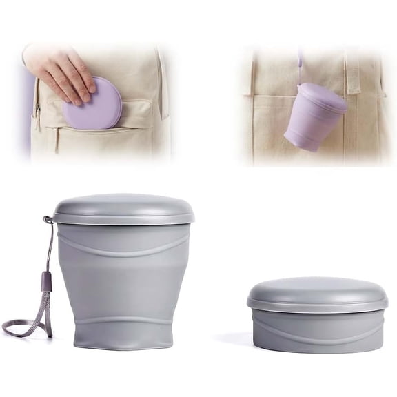 Collapsible Silicone Travel Cup with Lid, 2026 New 8.79oz Portable Folding Cup for Camping, Lightweight Hiking Cup for Outdoor Use (Grey)