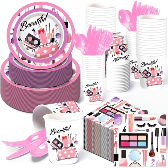 CC HOME Make-up Theme Tableware set Serves 16-disposable Paper Plates Cups Napkins for Cosmetics Party Decor Supplies