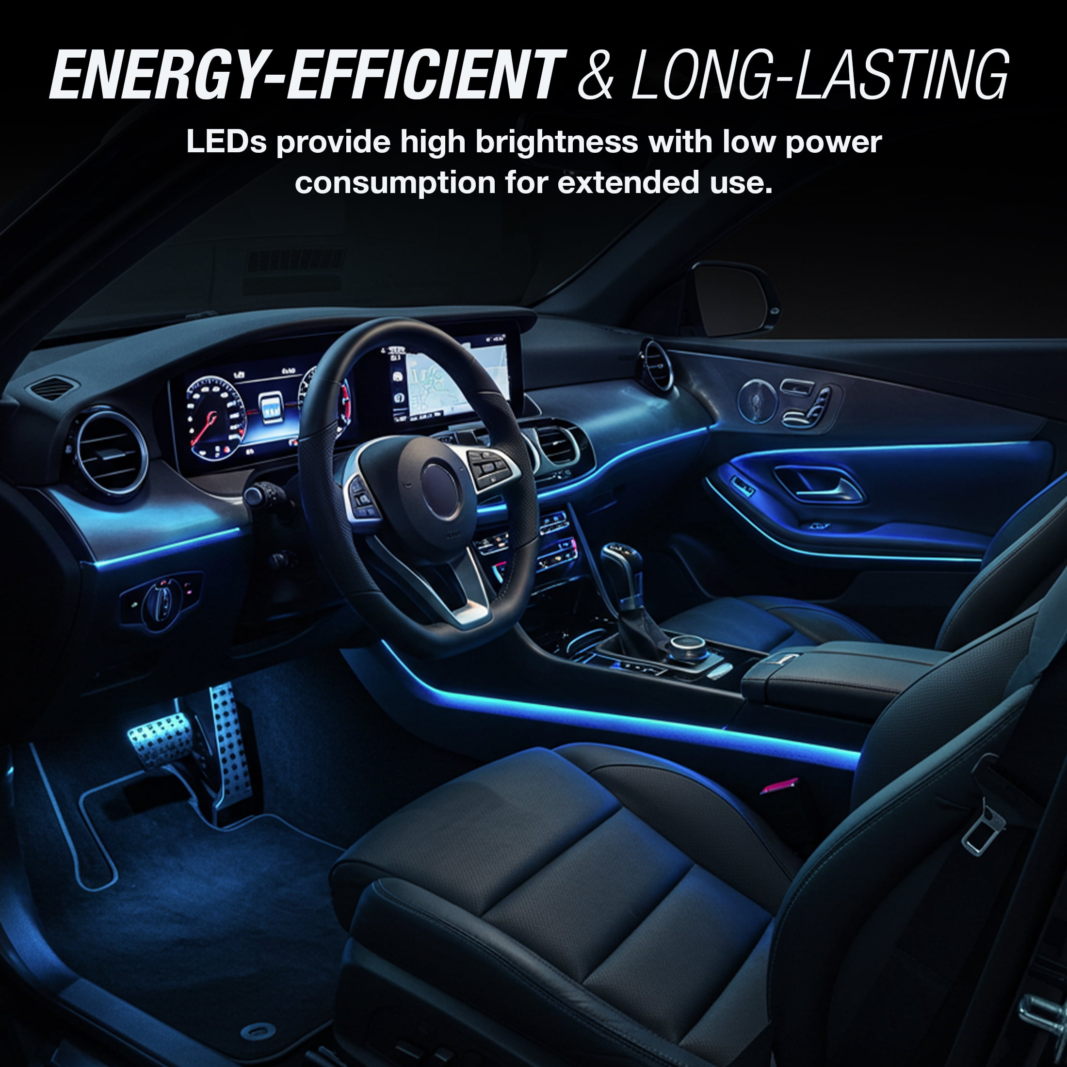TYPE S - Infinite Glow Blue LED Ambient Lighting - Car LED Strip Lights, Light Sync Technology, 3M Adhesive, Trimmable, 12V, 2 x 12" Blue Strips, 24 inches