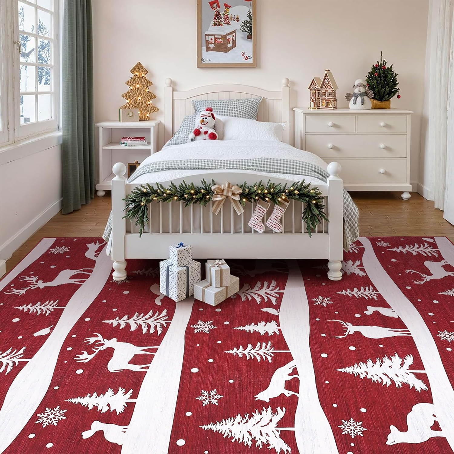 Garvee 6x9 ft Christmas Rug, Washable Non Slip Low Pile Carpet, Xmas Tree Reindeer Snowflake Indoor Rug for Entryway, Kitchen, Living Room, Red