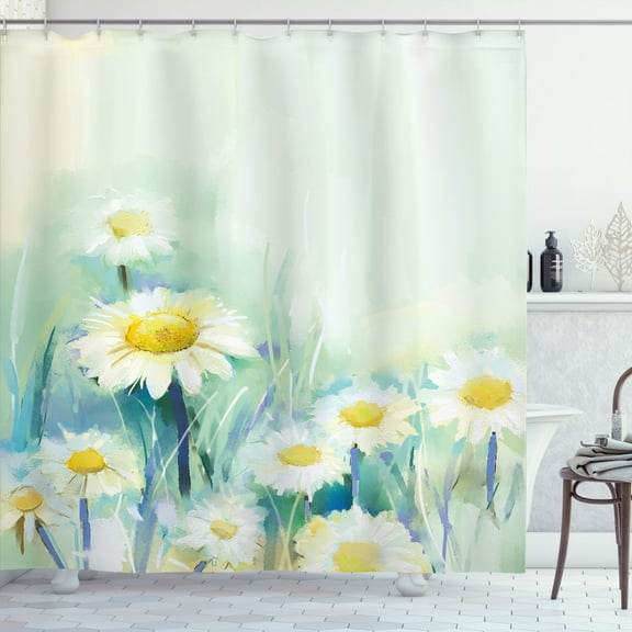 Flower Shower Curtain, Daisies on Grass Mother Earth Icons Impressionist Expression of Nature Print, Fabric Bathroom Set with Hooks, 69W X 84L Inches Extra Long, Pale Blue White, by Ambesonne