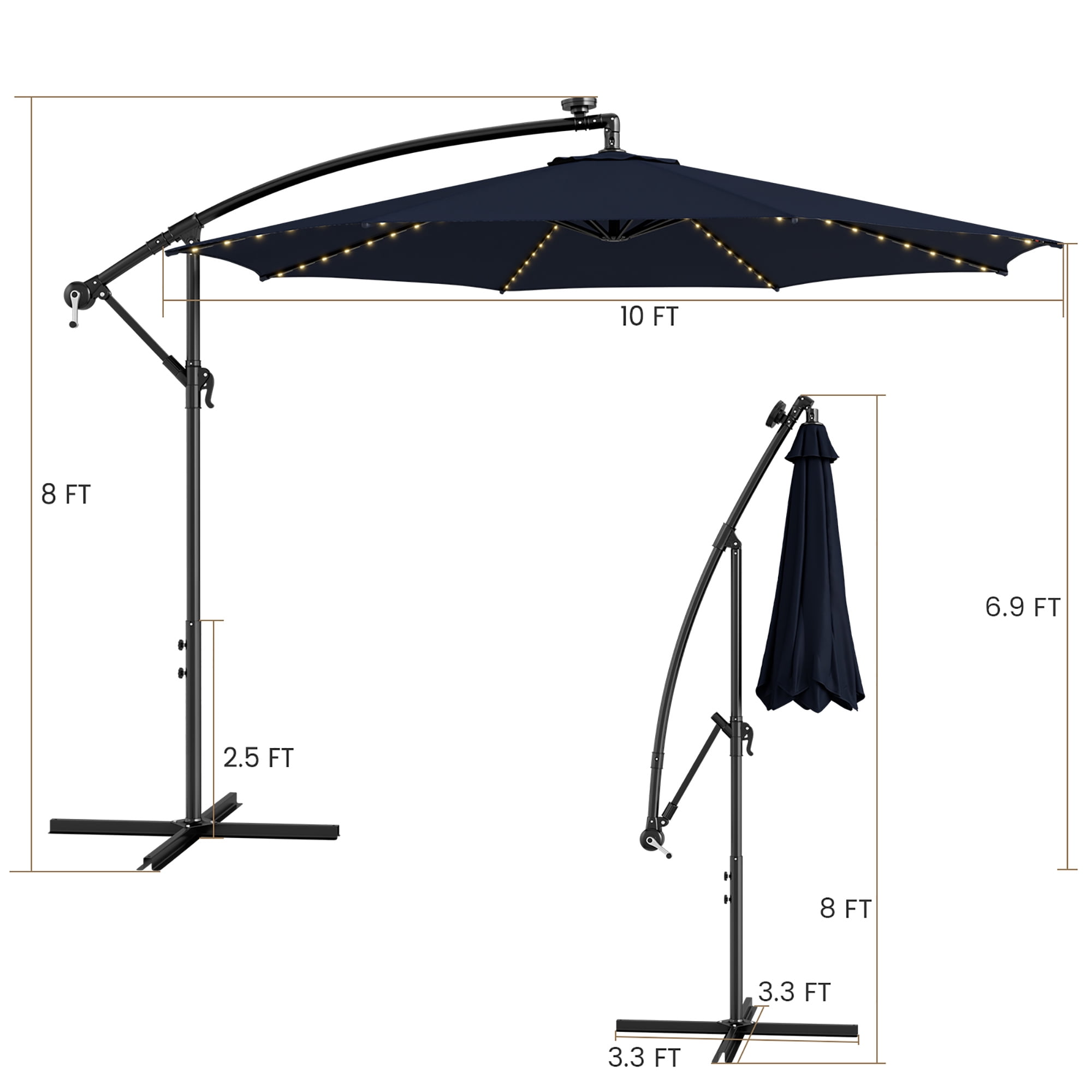 Gymax 10 FT Offset Patio Umbrella Solar Powered Cantilever Umbrella w/ 112 LED Lights Navy