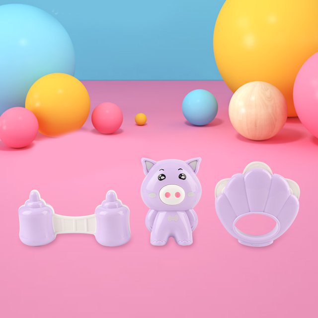 Juego de 3 sonajeros de plástico para bebés recién nacidos, juguetes musicales con forma de animal para agitar la mano (morado)