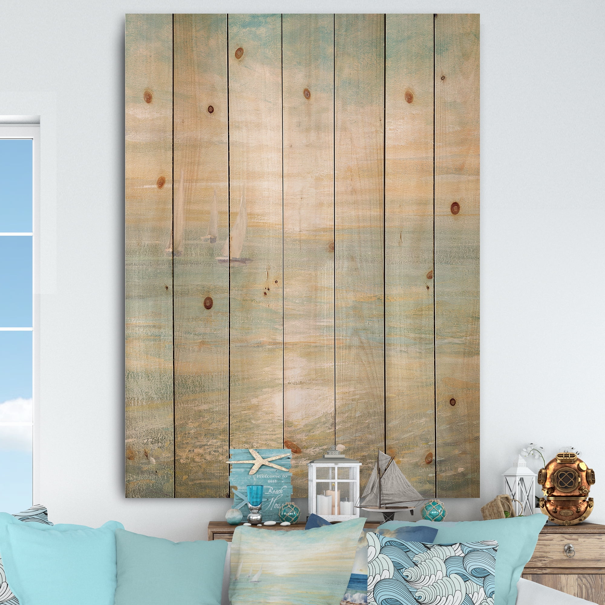 Designart 'Sunrise Boat I' Nautical & Coastal Print on Natural Pine Wood
