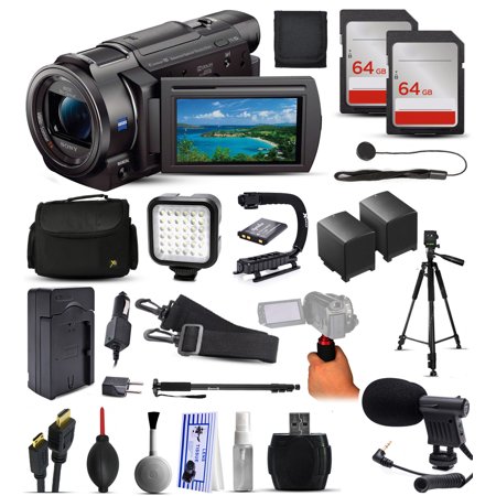 Sony FDR-AX53 4K Ultra HD Handycam Camcorder Video Camera + 128GB Boardcasting Filmmaker's Package with LED Night Light + Tripod + Monopod + Action Stabilizer + Handgrip + Microphone + More