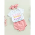 thumbnail image 3 of Bagilaanoe 3Pcs Newborn Baby Girl Easter Outfits Letter Print Short Sleeve Romper Tops + Shorts + Headband 3M 6M 12M 18M 24M Infant Short Pants Set, 3 of 9