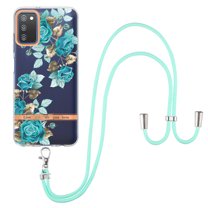 Compatible with Galaxy A03s Clear TPU Flower Pattern Case, S23 Ultra Case with Strap Crossbody Adjustable Neck Lanyard Case Phone Cover Designed for Samsung A03s 6.5 inch, Blue Rose