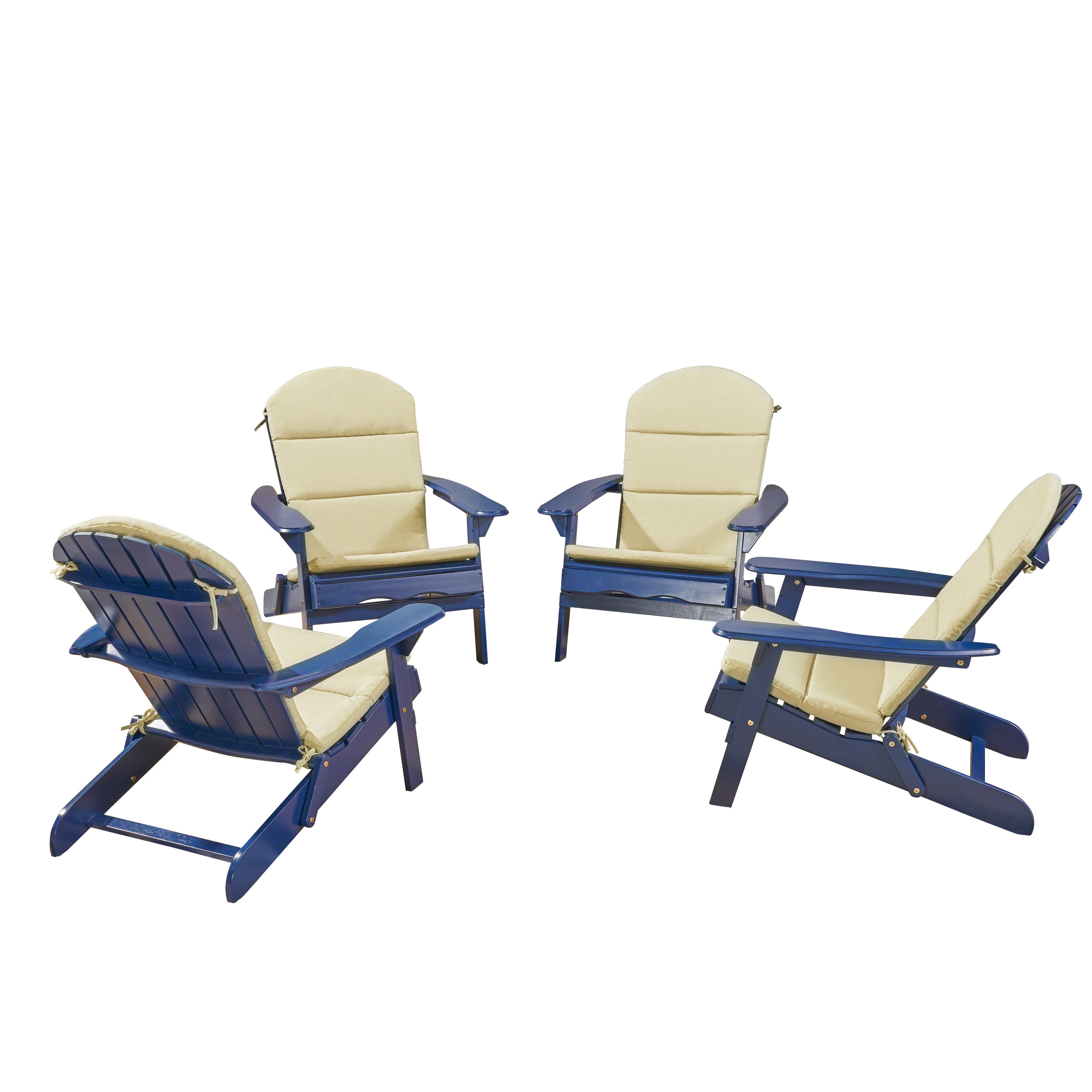 Ariel Outdoor Acacia Wood Folding Adirondack Chairs with Cushions (Set of 4), Navy Blue and Khaki