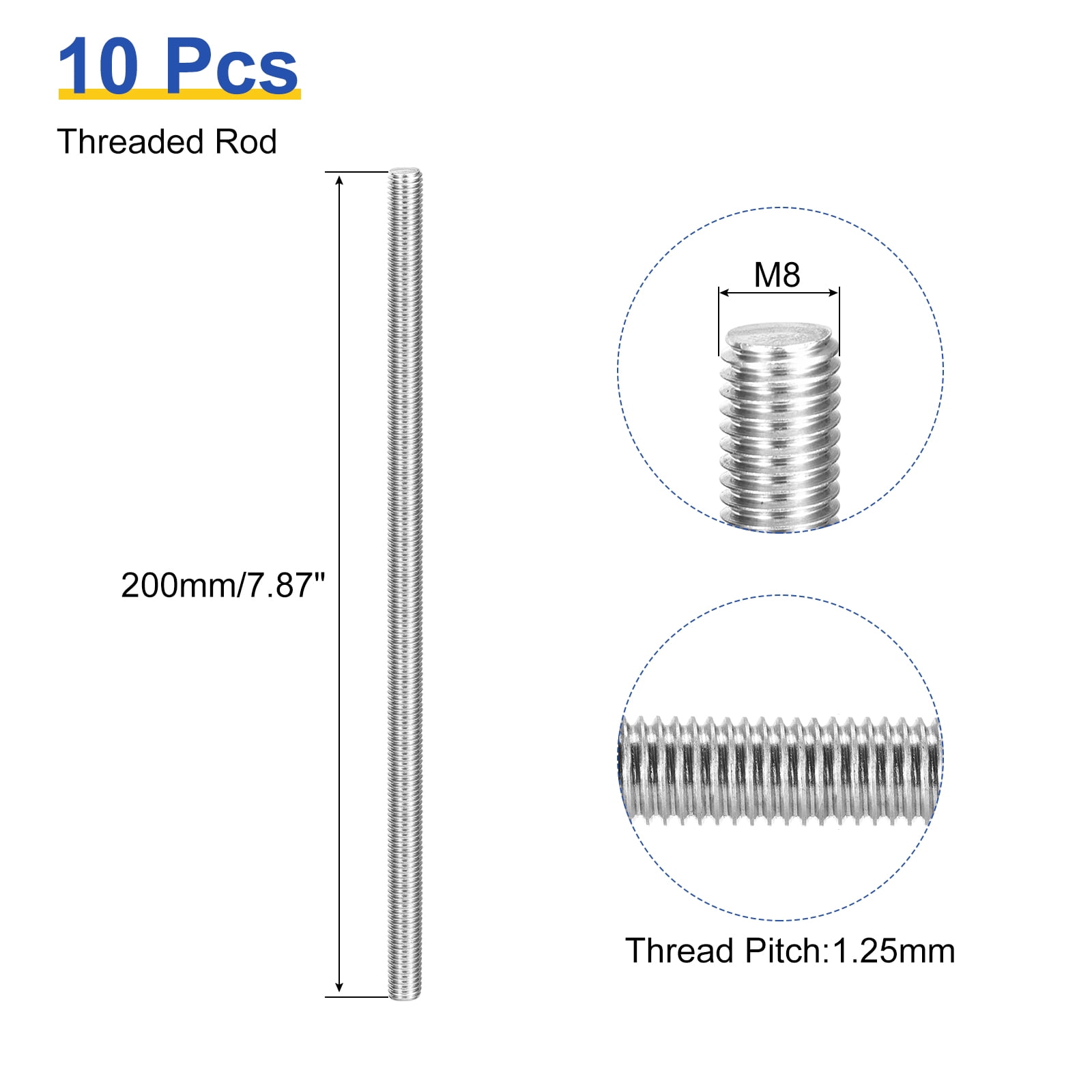Uxcell 10 Pcs M8 x 200mm Fully Threaded Rod Right Hand Threads, 1.25 Thread Pitch