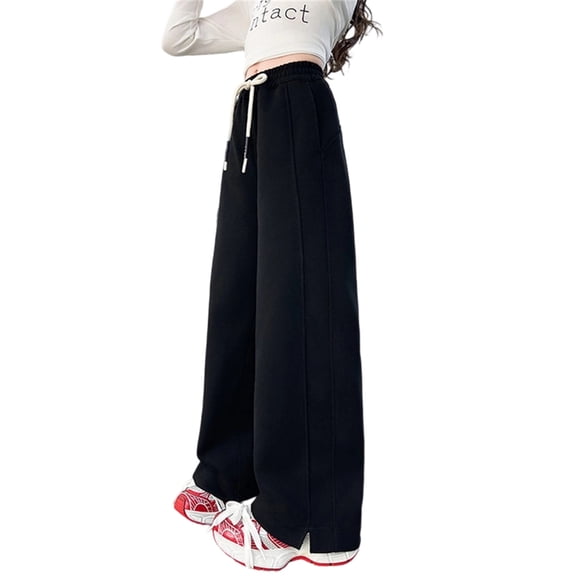 SJLDQY Girls Wide Leg Pants Casual Elastic Waist Drawstring Baggy Pants for Girls Split Hem Solid Color Straight Leg Trousers with Pockets