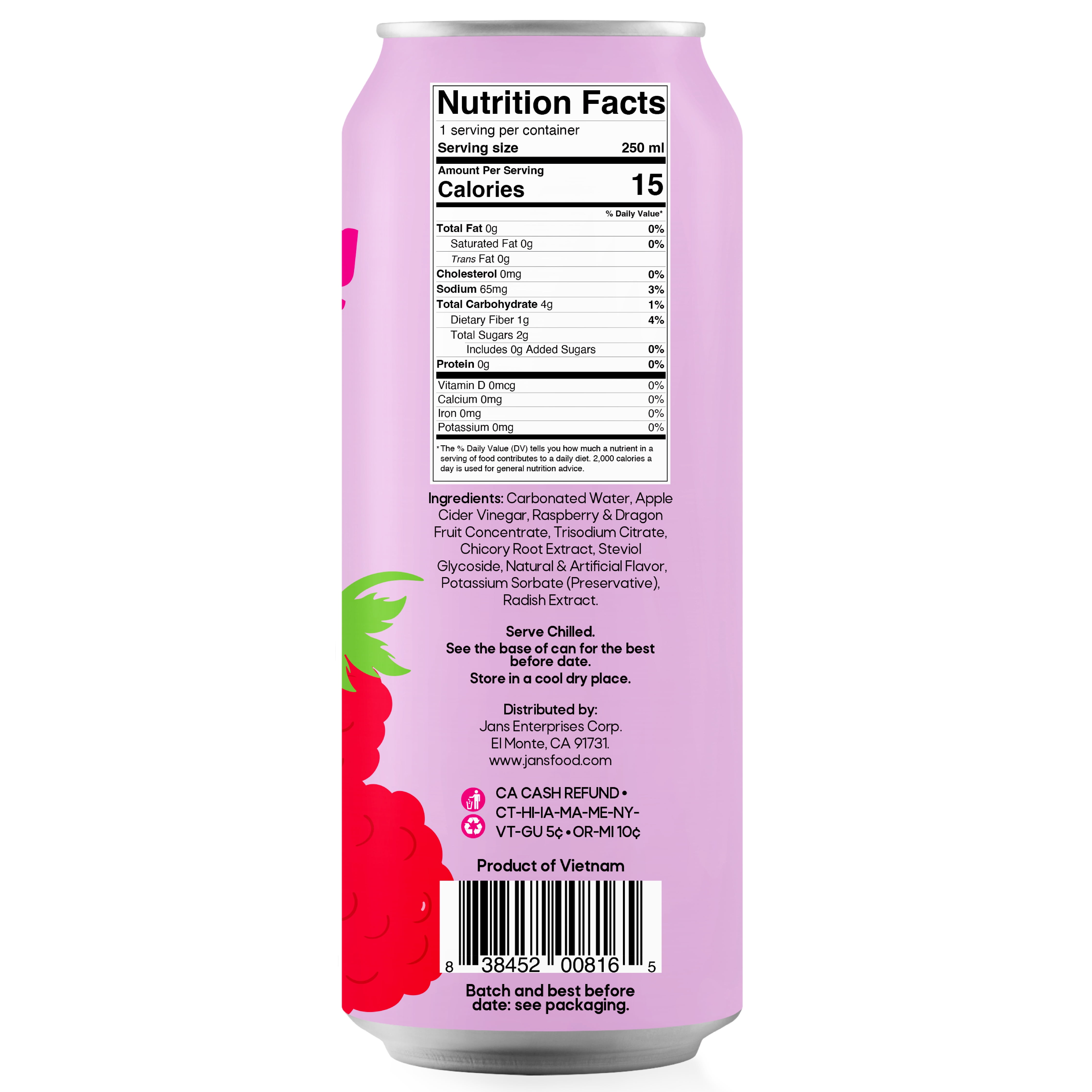 Jans Sparkling Prebiotic Soda Beverage, 8.4 oz Cans – Low Calorie, No Added Sugar – Non-GMO Sparkling Fruit Beverage – Gut Health Support – Naturally Refreshing (24-Pack, Dragonfruit & Raspberry)