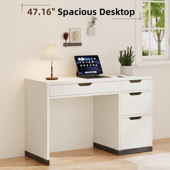DreamCurship White Desk with Drawers, Modern Computer Desk with File Drawers, Home Office Study Writing Desk with Storage, White