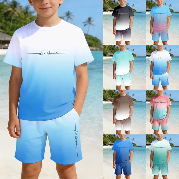 Boys Outfits Size 4-5 Years 2 Piece Loose Gradient Print Crew Neck Short Sleeve Lightweight T Shirt And Shorts for Play Wear Baby Boys' Clothing Sets