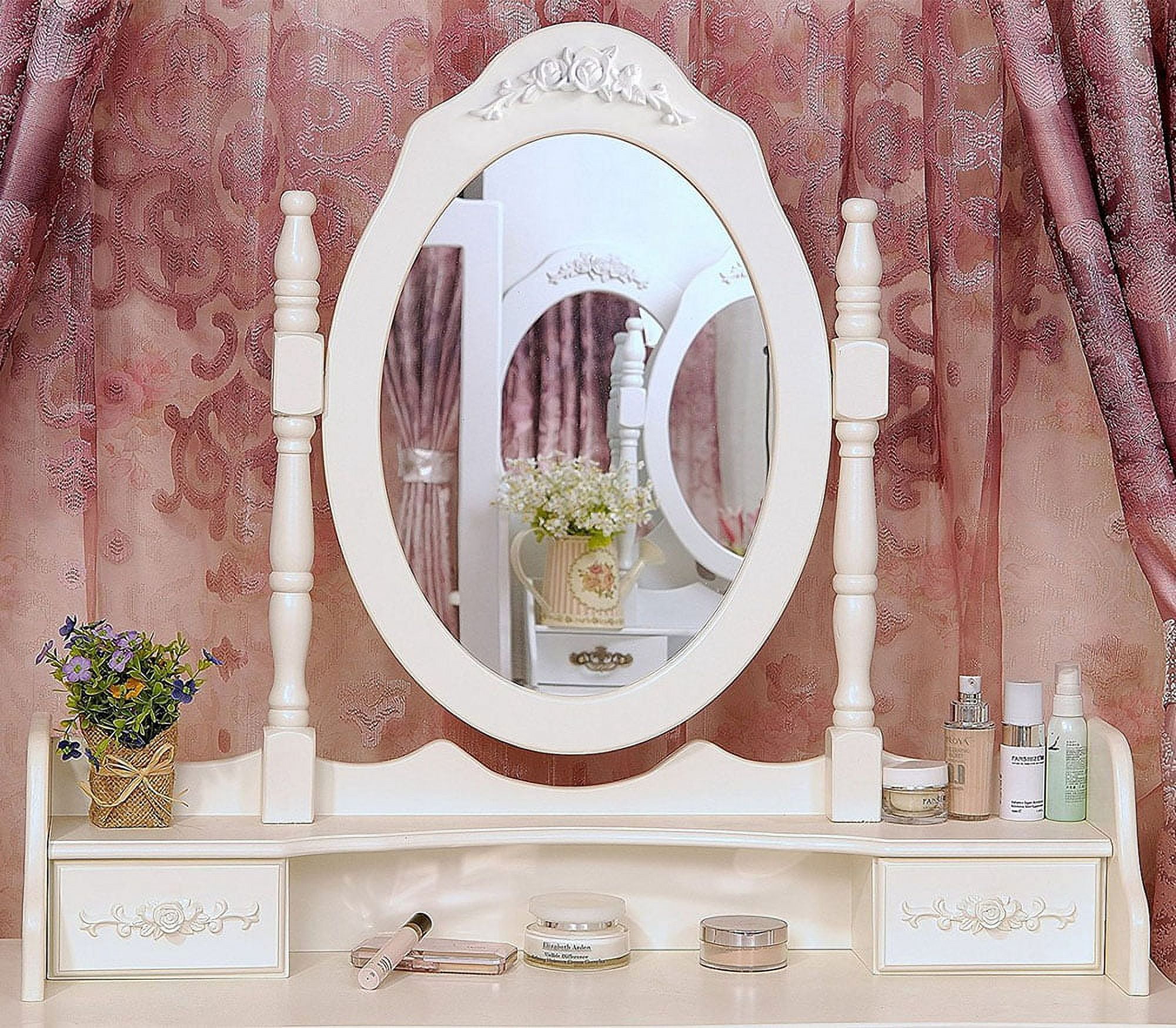 4-Drawer Mirror Dresser 360-Degree Rotation Removable, White