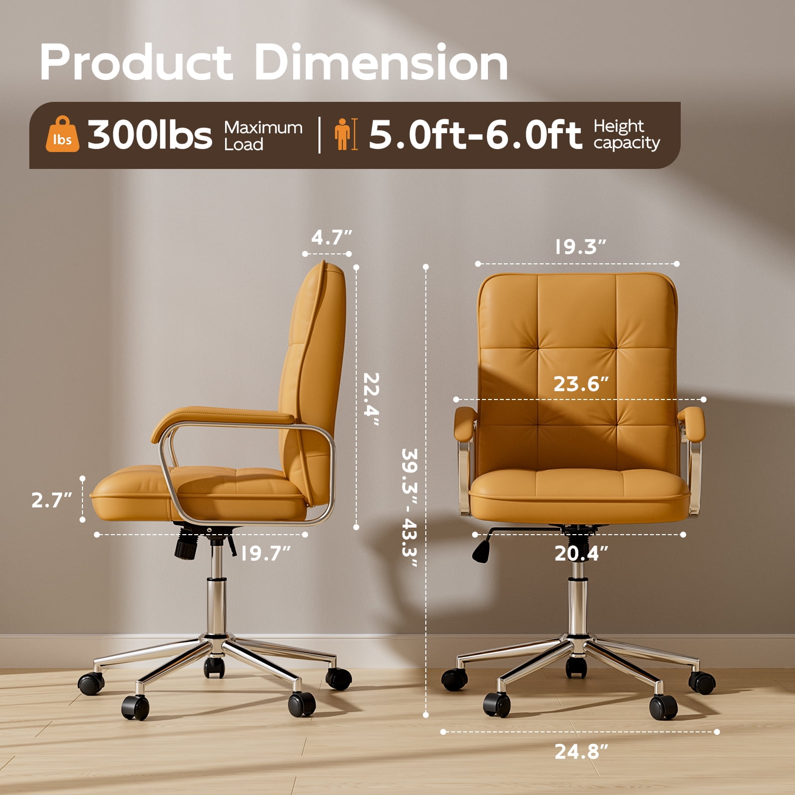 Ninecer Ergonomic Office Chair with Wheels, 360° Swivel Desk Chair with Rocking Function, PU Leather Computer Chair for Home Office, Study, Brown