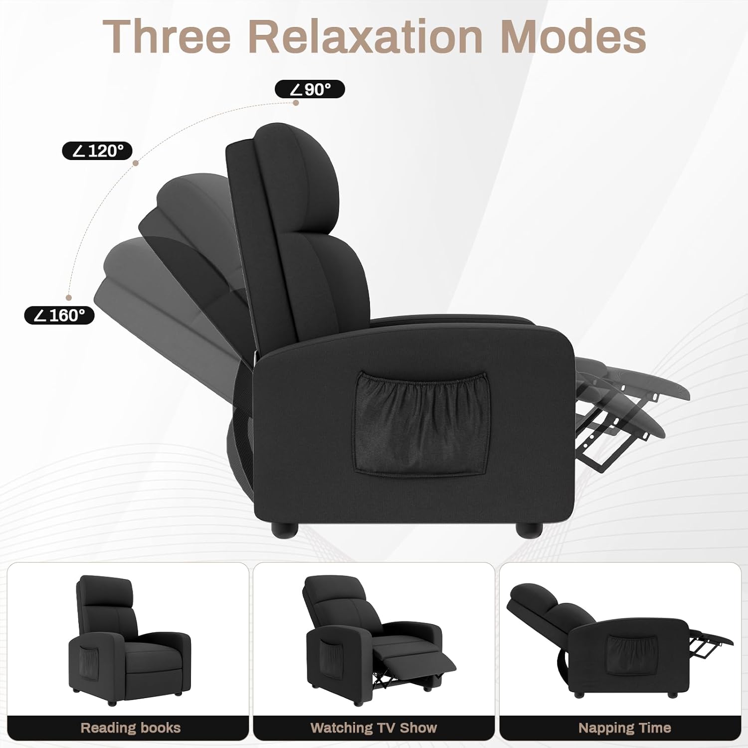 TLSUNNY Fabric Recliner Chair with Side Pocket, Thick Cushion Adjustable Lounger, Modern Home Theater Seating for Bedroom, Living Room