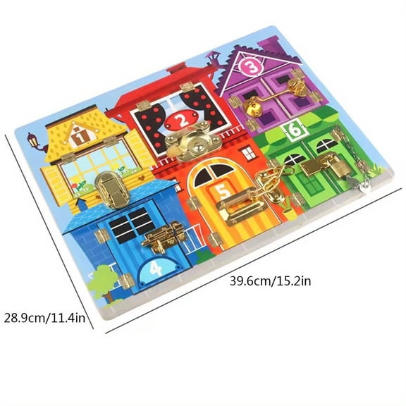 Wooden Latch Busy Board House Design Doors and Locks Puzzle Sensory Activity Toy for Kids 3  Years Old 15.2in x 11.4in