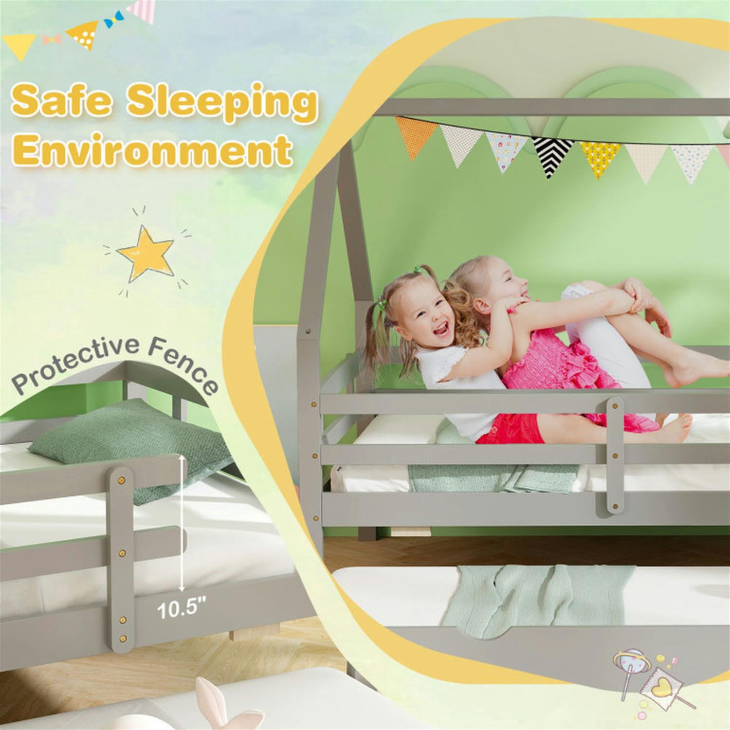 Demi Bonn Twin House Bed Frames with Trundle and Fence Rail, Modern Platform Bed Frames for Teens, Gray