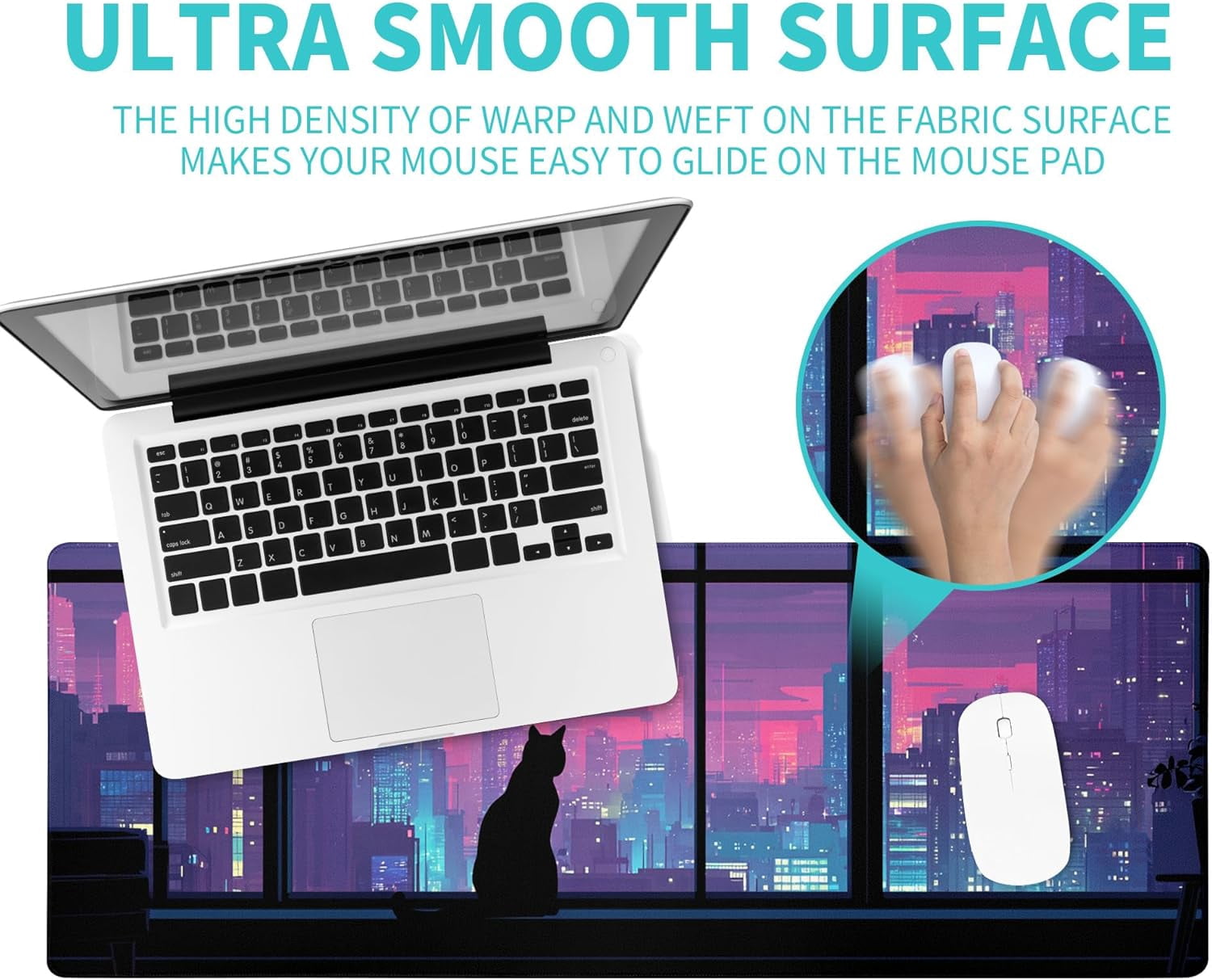 Cat Gaming Mouse Pad Abstract Kawaii Mouse Pad 31.5x11.8 Inch Cute Japanese Anime Desk Mat Non-Slip Rubber Base Large Mousepad Stitched Edges Keyboard Mouse Mat Desk Pad for Office and Home