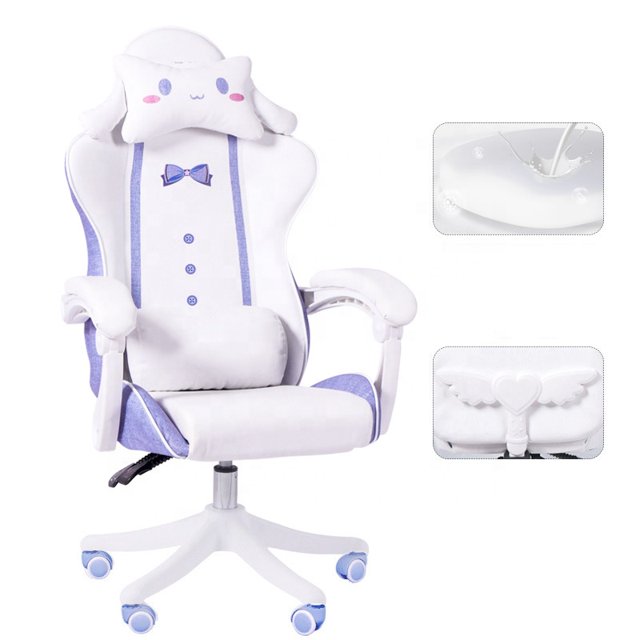 2023 precio bajo lindo Hello Kitty Pink Girl silla de juego blanca reposapiés OEM patrón de dibujos animados Base de nailon silla de juego rosa