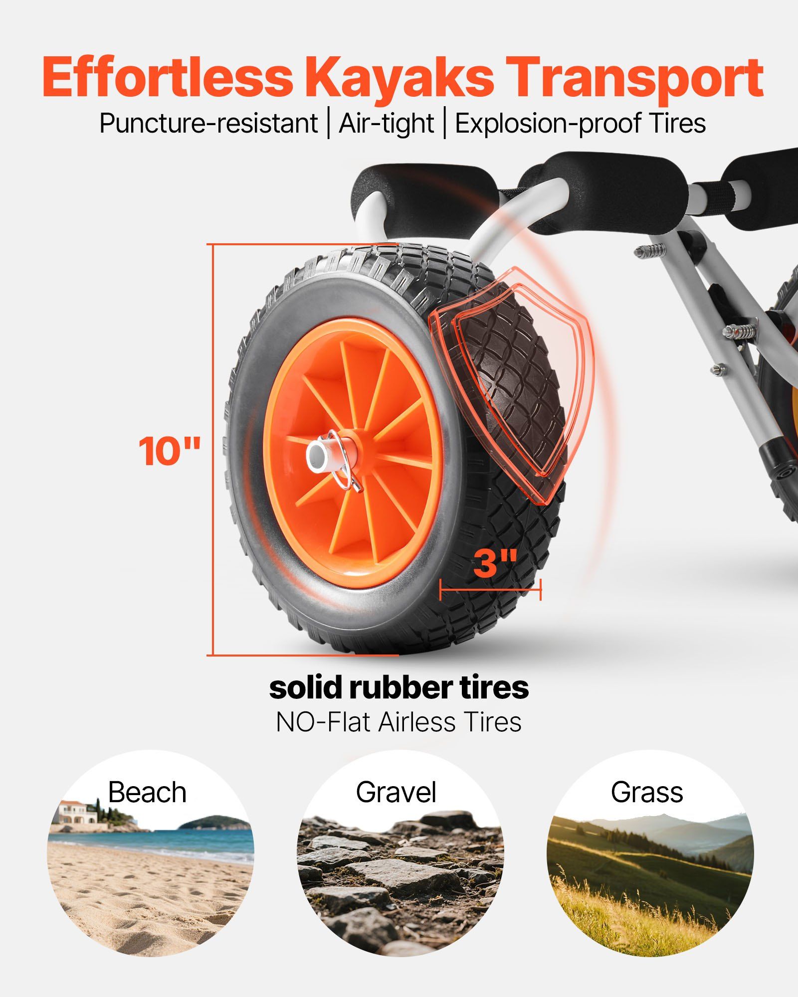 Foldable Kayak Cart Trolley with 10" Solid Rubber Tires & Ratchet Strap, 200 lbs Capacity, for Transporting Kayaks, Canoes, Paddle Boards, Jon Boats, Float Mats, Carrier Caddy