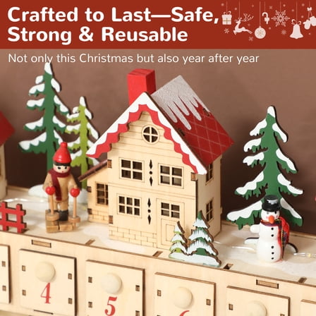 Wooden Christmas Village Advent Calendar with 24 Drawers and Warm LED Lights, Multi-Layer Board, Cordless Design, Holiday Tabletop Decoration
