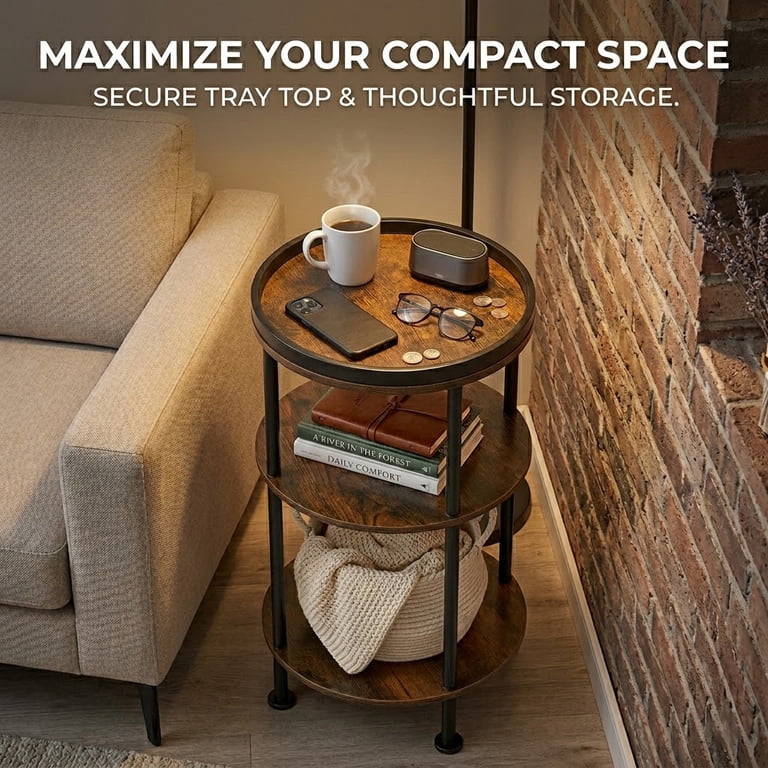 ZEXVIDA Round Side Table with 3 Tiers, Rustic Brown photo 3